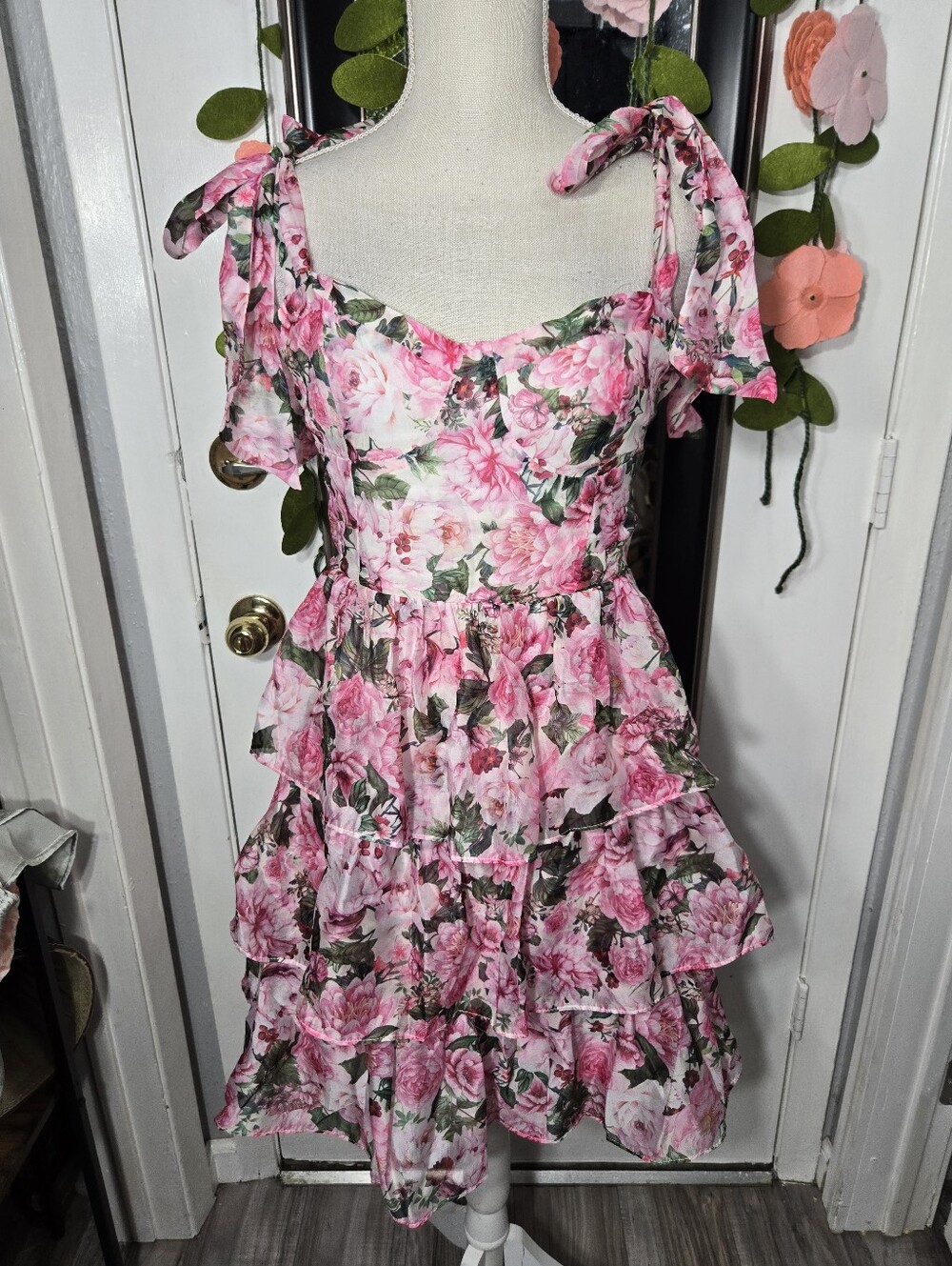 Sofie The Label Floral Tiered Mini Dress Sz Large Shoulder Ties
